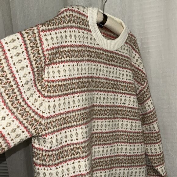AE Whoa So Soft Fair Isle Crewneck Relaxed Knit Cream Tan Red Preppy Sweater - Picture 13 of 16